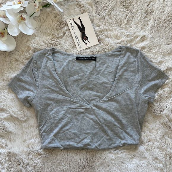 naked wardrobe Tops - Naked Wardrobe Scoop Neck Crop Top in Heather Gray Size M